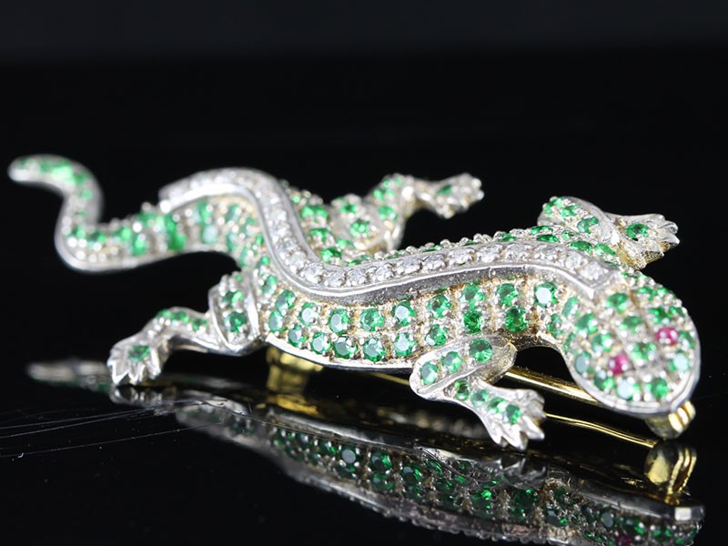  fabulous tsavorite, ruby and diamond gold and silver gecko lizard