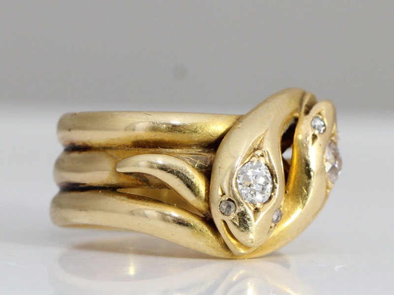 Charming edwardian 18 carat gold antique diamond snake ring