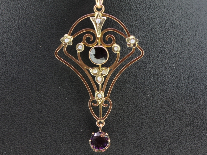 Gorgeous amethyst, pearl and garnet 9 carat gold pendant