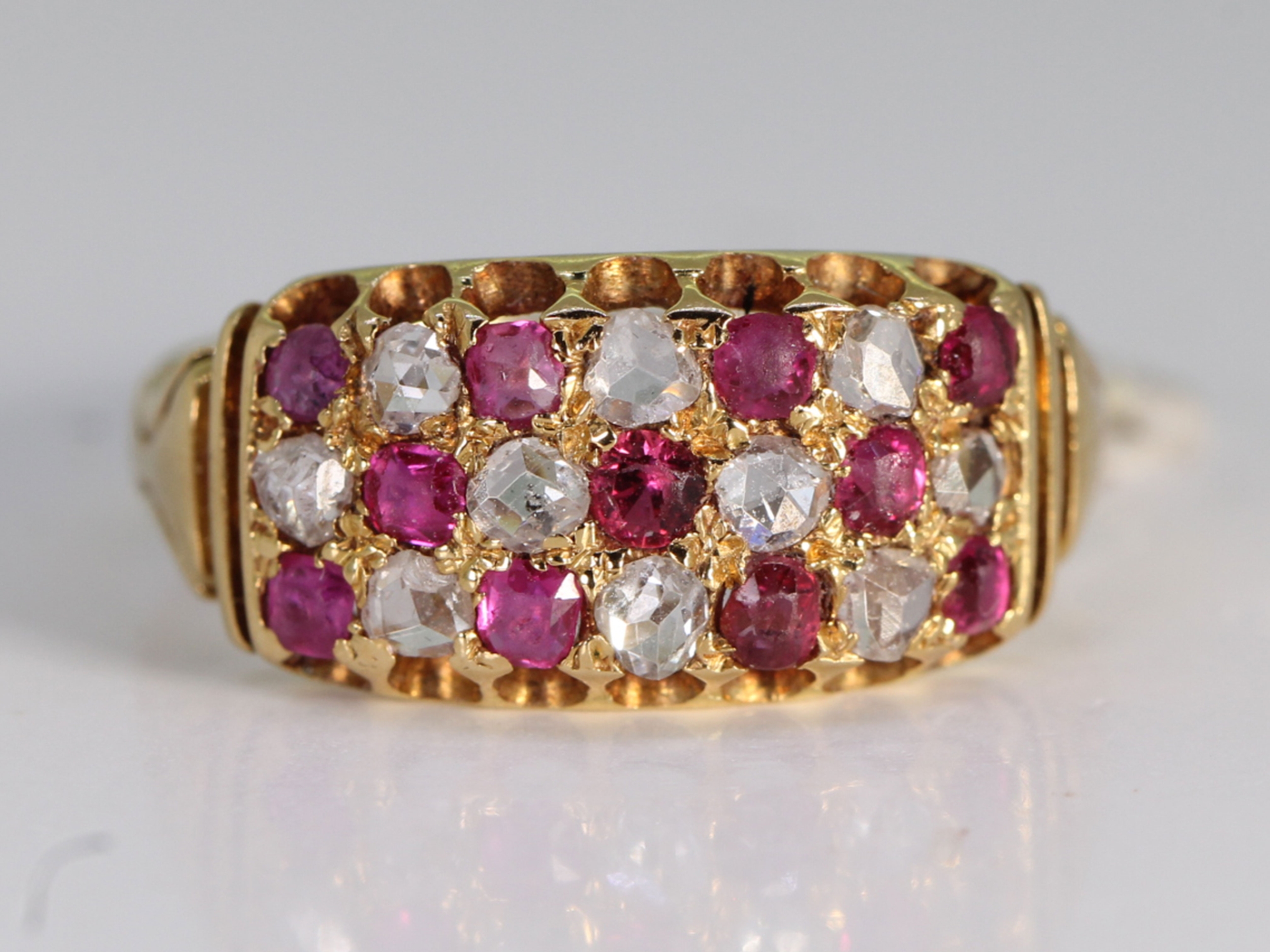 Art nouveau ruby, diamond and pearl 15ct gold band
