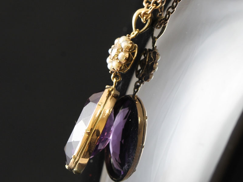 Stunning amethyst, seed pearl and diamond 9 carat gold pendant and chain