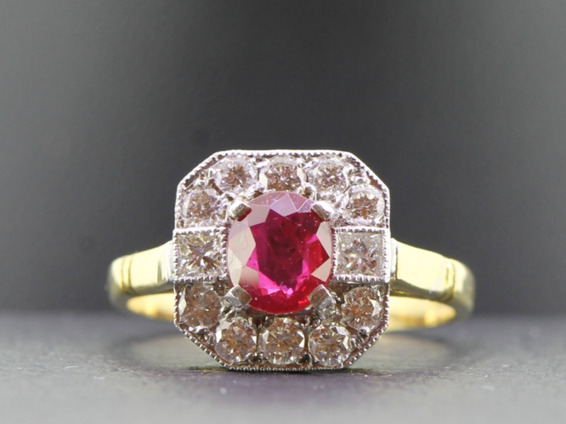 Stunning ruby and diamond 18 carat gold and platinum cluster ring