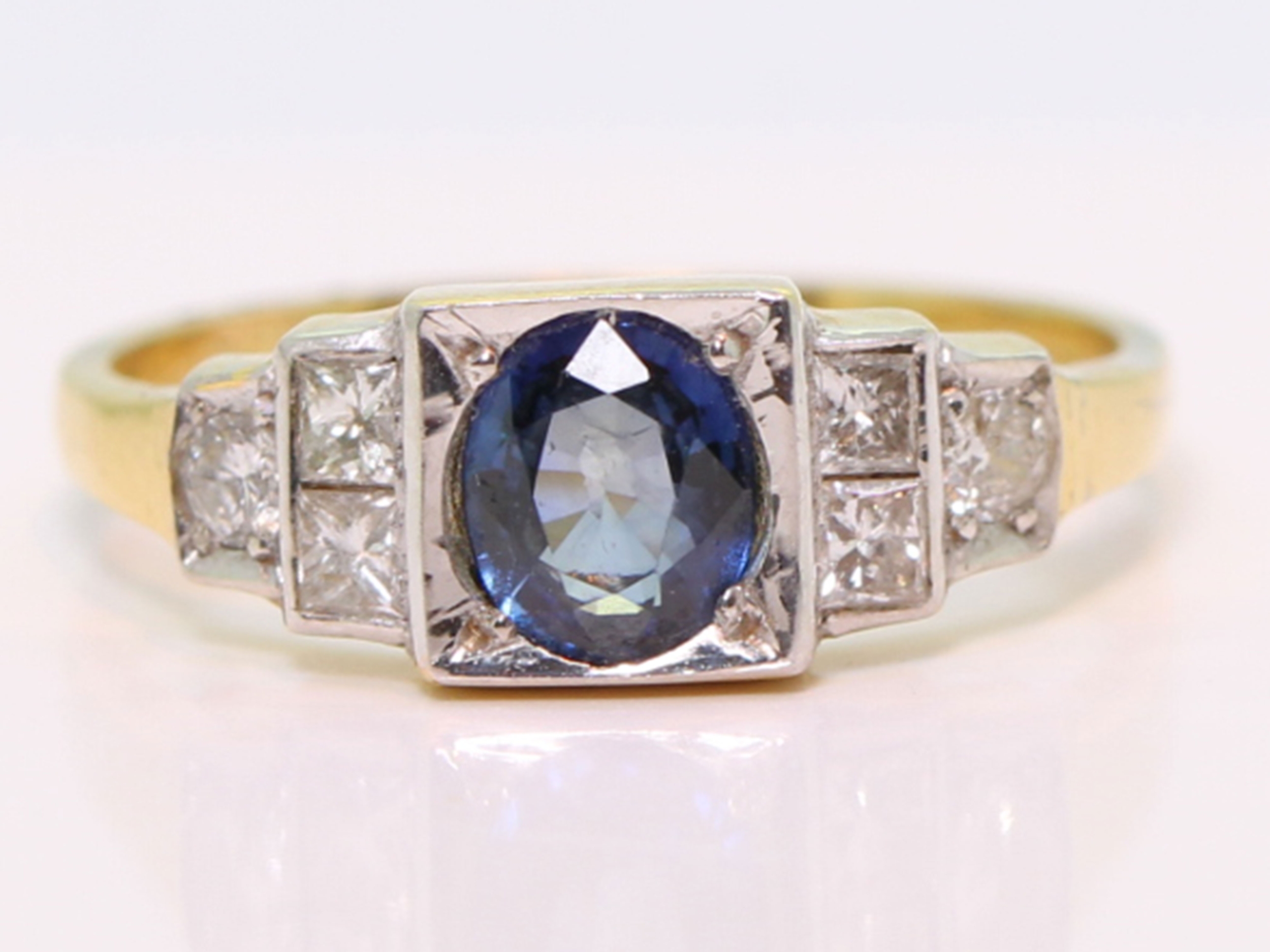 Art deco inspired sapphire and diamond 18ct gold ring