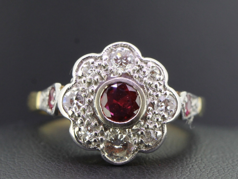 Sophisticated edwardian ruby and diamond 18 carat gold cluster ring