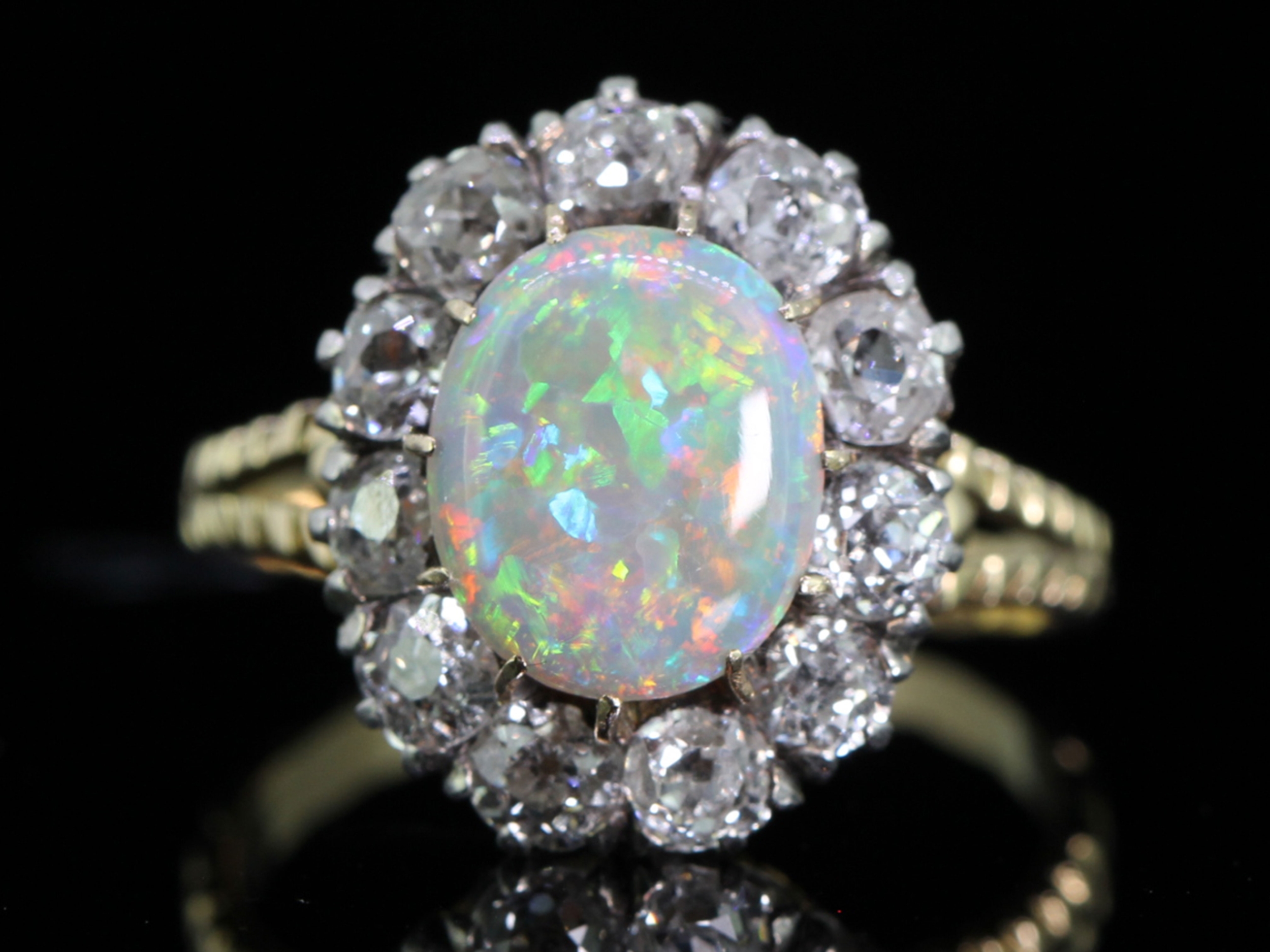 Magnificent victorian opal and diamond 18 carat gold cluster ring