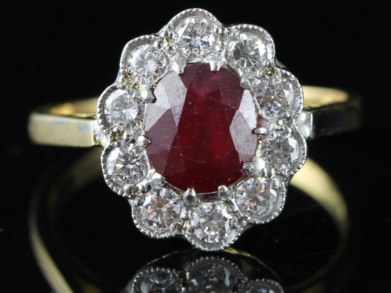 Sensational ruby and diamond cluster 18 carat gold ring