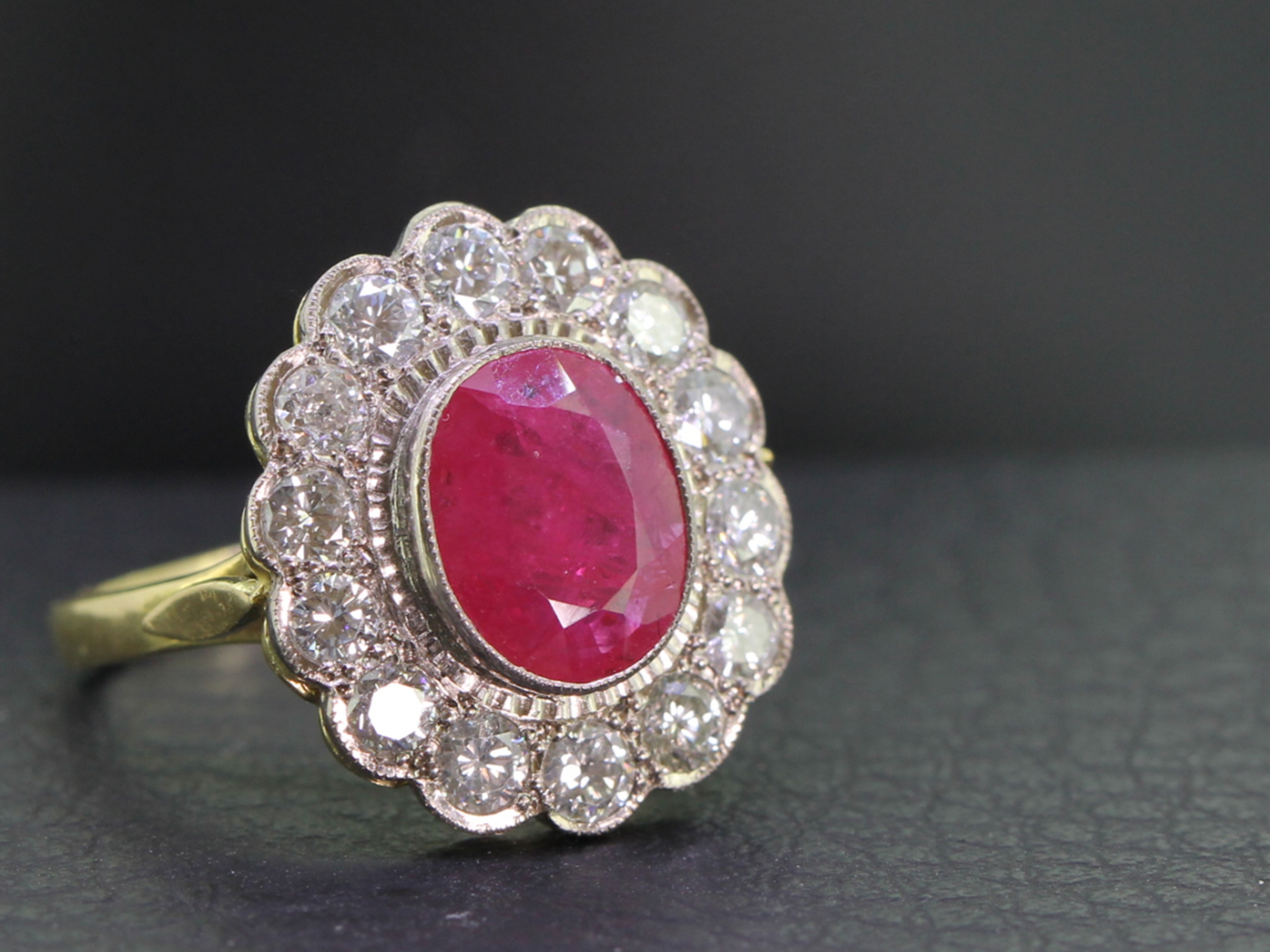 Gorgeous ruby and diamond 18 carat gold cluster ring