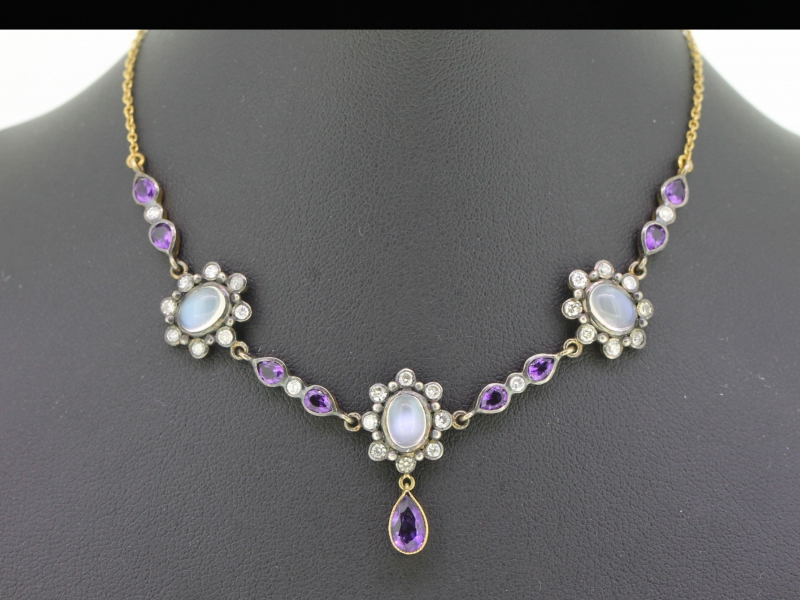 Edwardian inspired amethyst, diamond and moonstone 9 carat and silver necklace