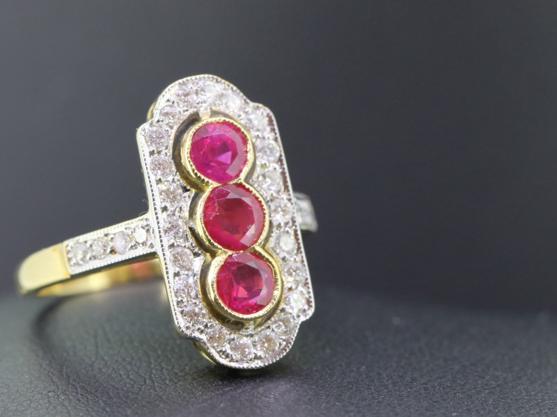 Stunning art deco inspired burmese ruby and diamond 18 carat gold ring								  
