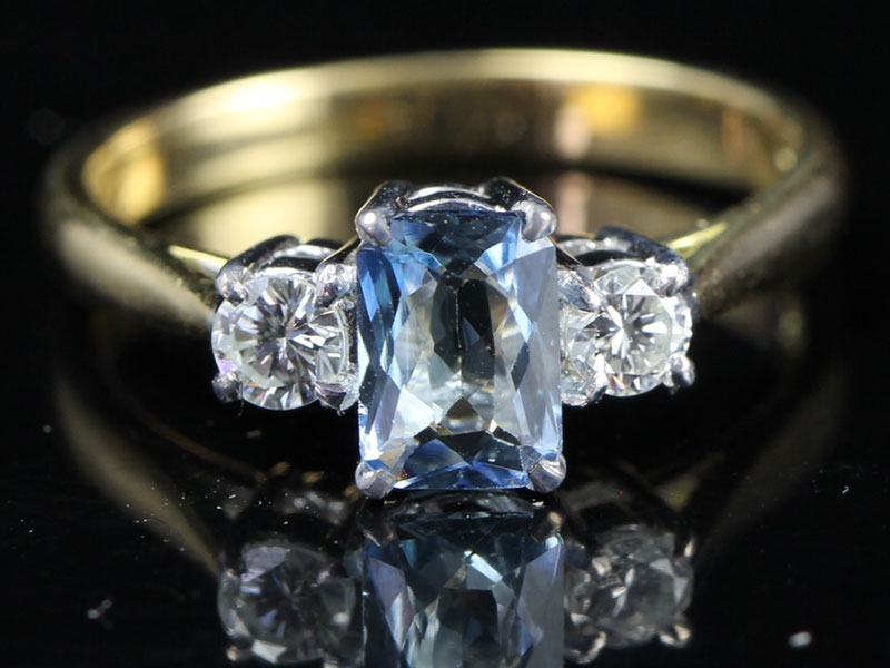  beautiful radiant cut aquamarine and diamond trilogy ring