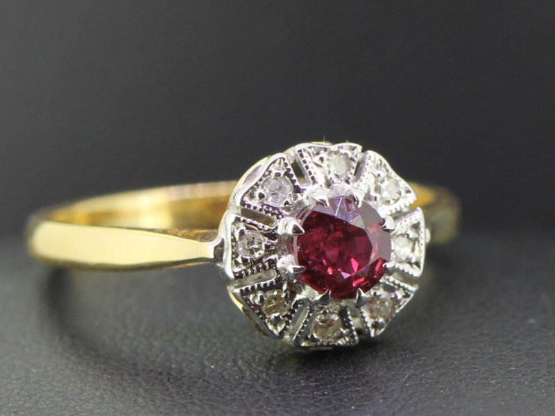 Pretty ruby and diamond 18 carat gold and platinum  cluster ring  