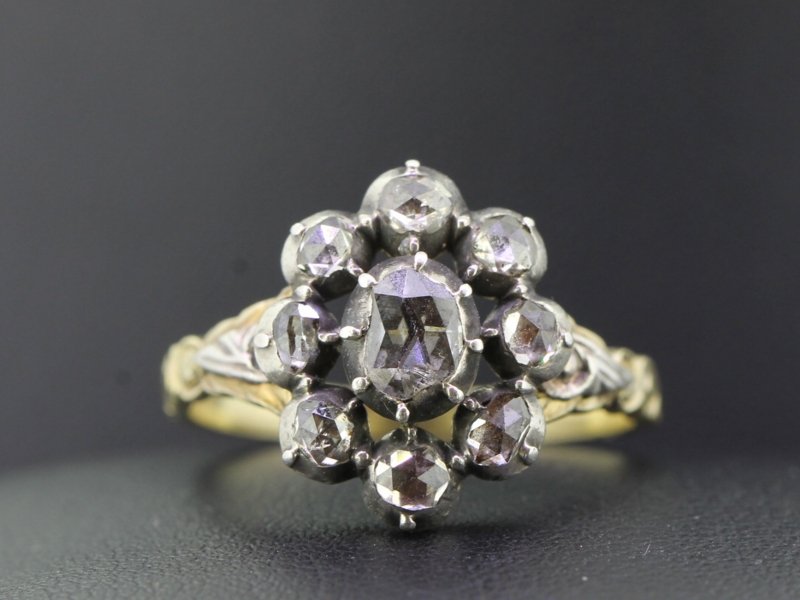 Sophisticated georgian diamond silver set and gold cluster ring	