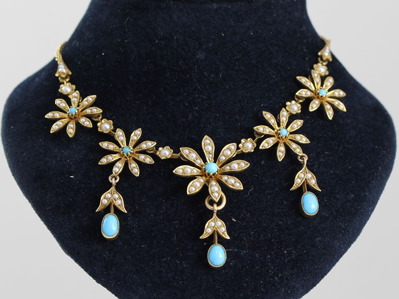Fabulous edwardian turquoise and pearl 15 carat gold necklace 