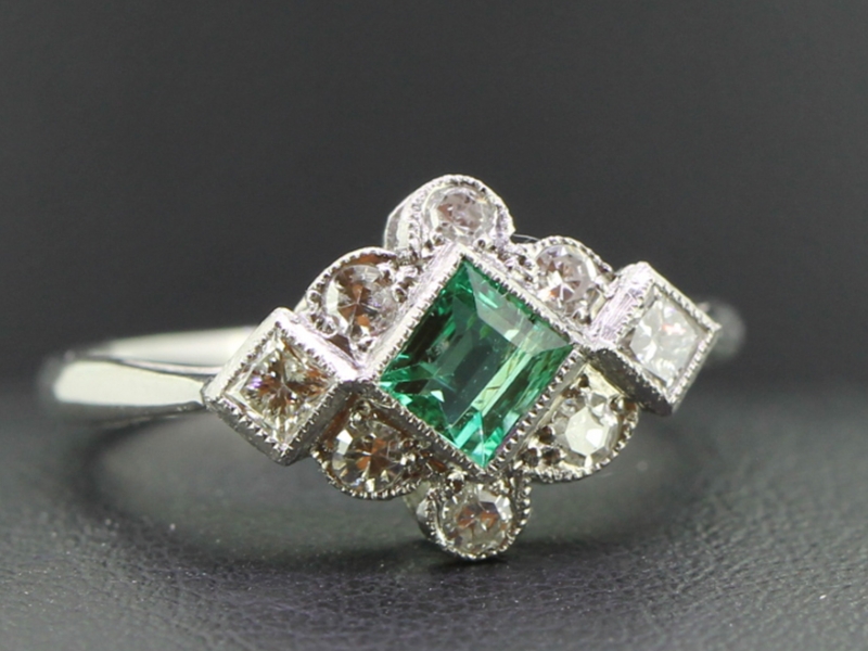 Pretty art deco inspired emerald and diamond platinum ring