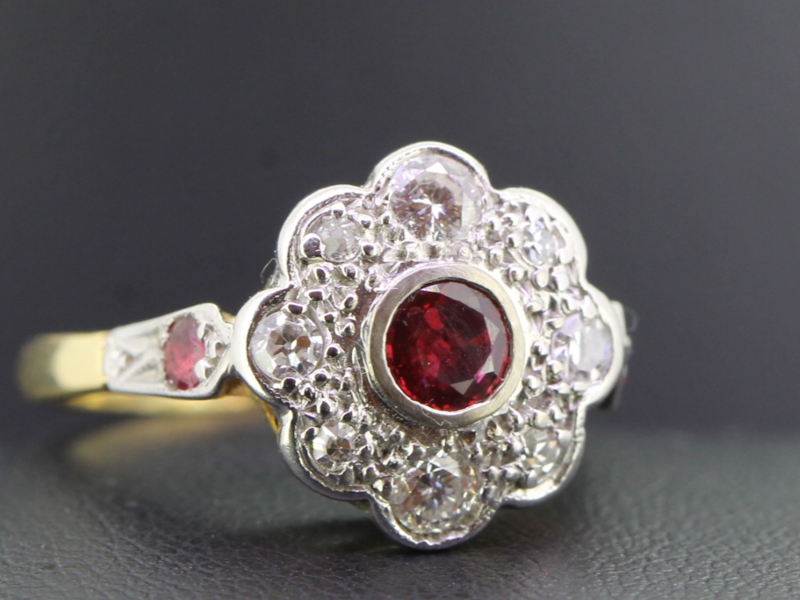 Sophisticated edwardian ruby and diamond 18 carat gold cluster ring