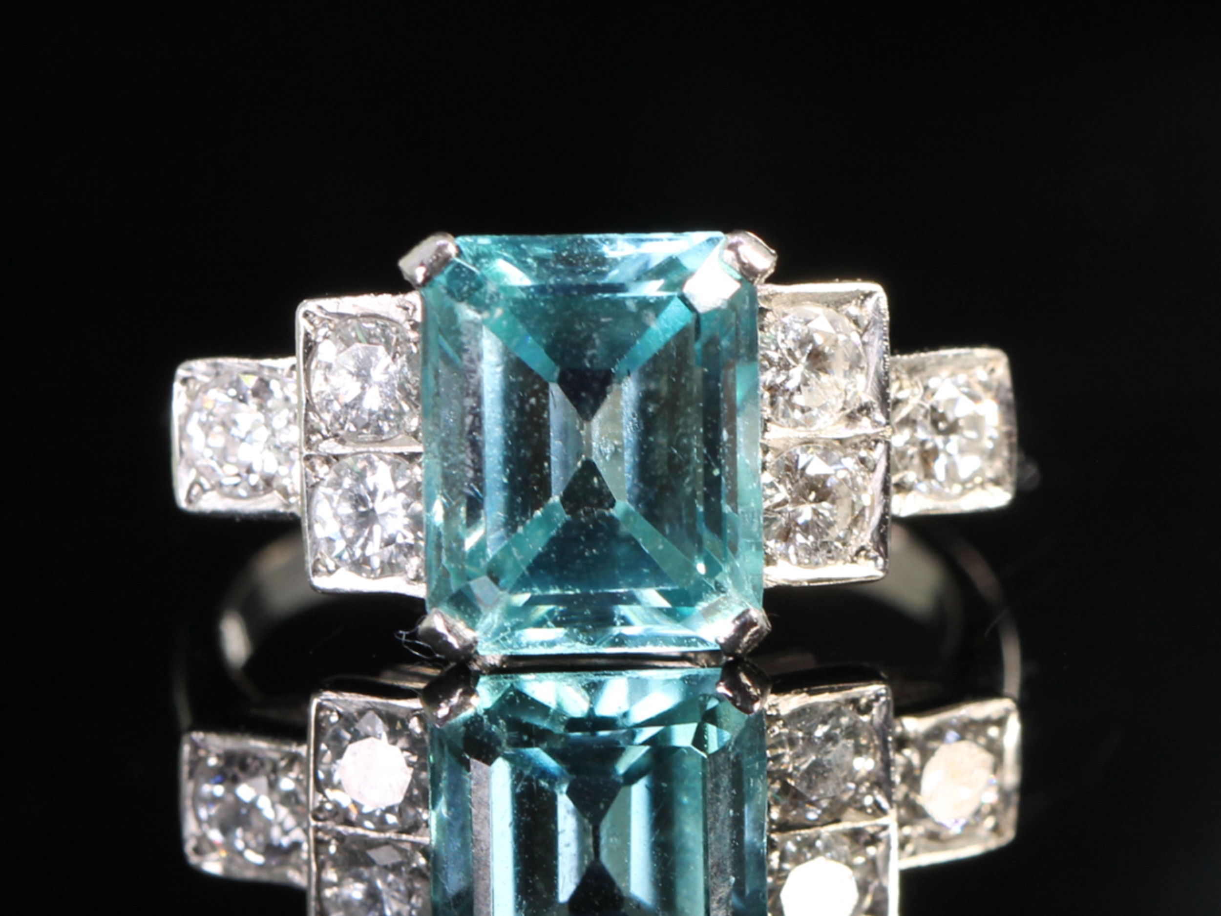 Art deco style natural blue zircon and diamond platinum ring