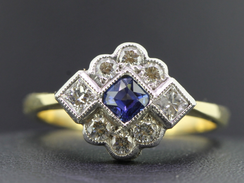 Pretty art deco inspired sapphire and diamond 18 carat gold ring