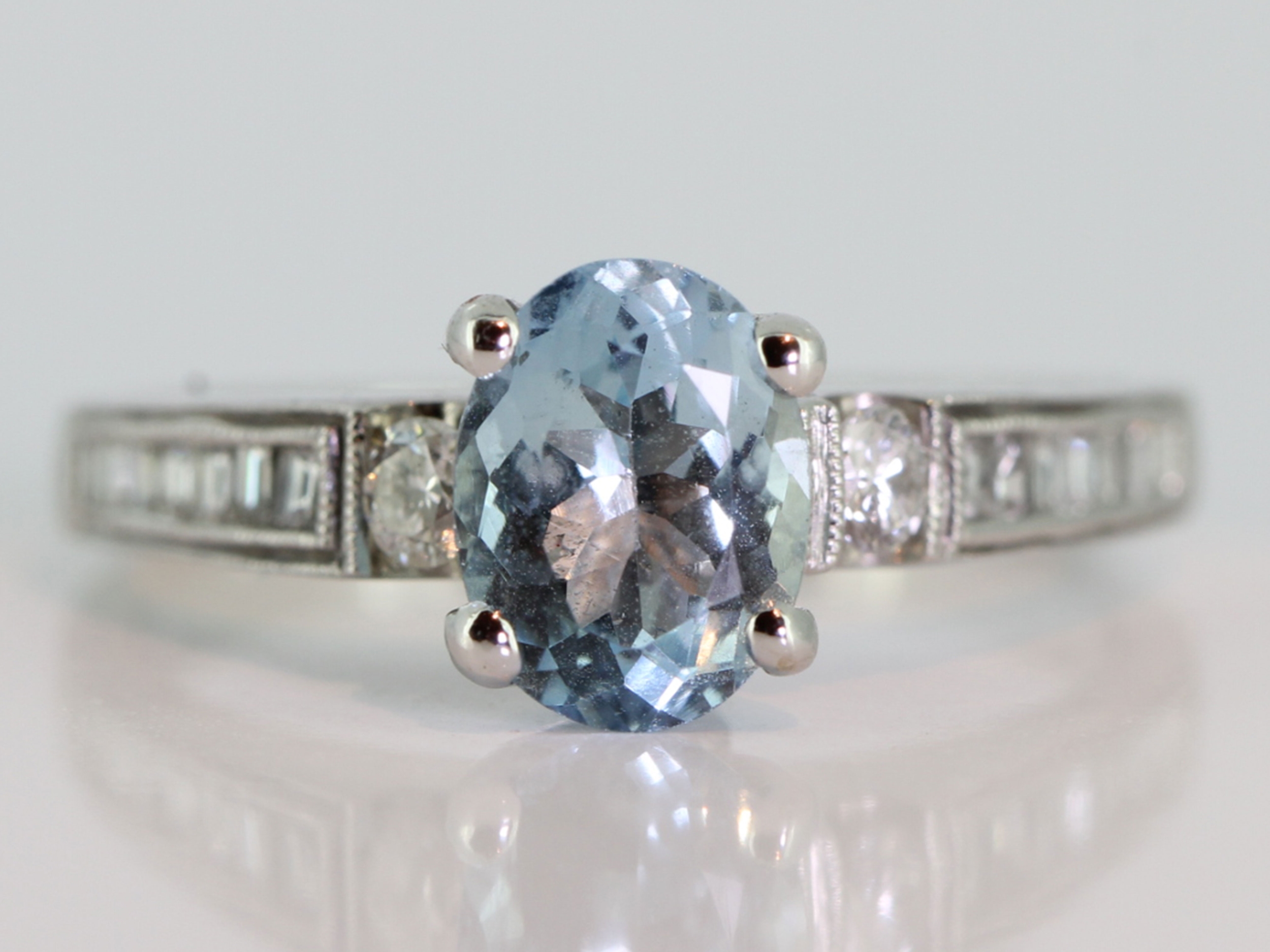 Impressive oval aquamarine and diamond 18 carat white gold ring