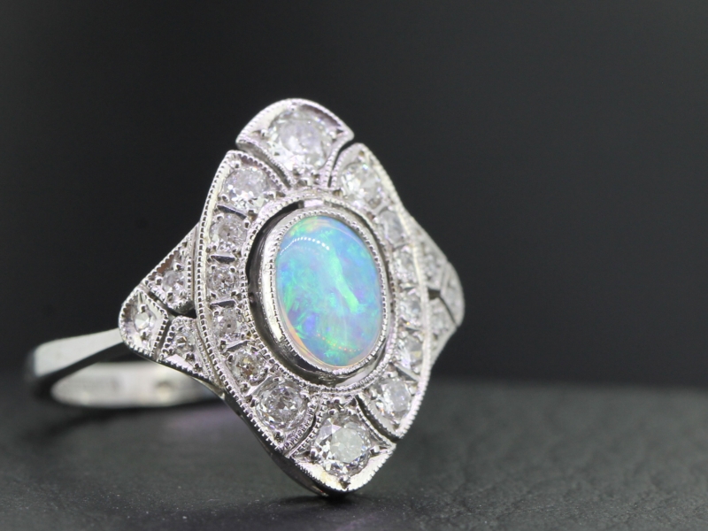 Gorgeous opal and diamond platinum art deco inspired ring