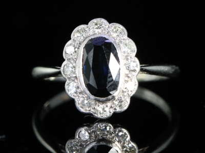 Art Deco Sapphire and Diamond 18ct Gold and Platinum Cluster Ring