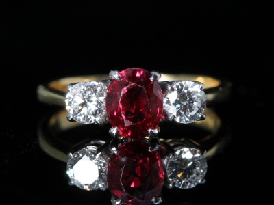 Vintage Burmese Ruby and Diamond 18ct Gold Trilogy Ring