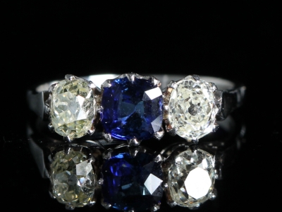 Edwardian Sapphire and Old Cut Diamonds Platinum Trilogy Ring