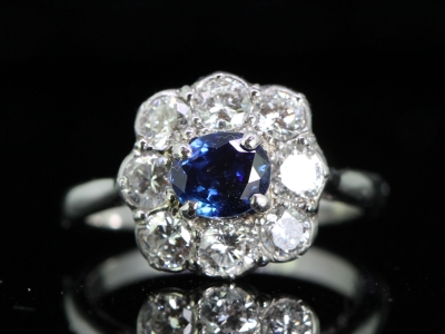 Beautiful Sapphire and Diamond Platinum Cluster Ring