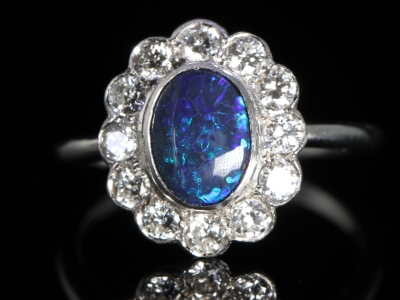  Vintage Black Opal and Diamond Cluster Platinum Ring