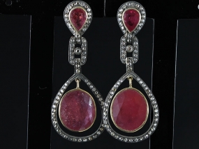 DRAMATIC RUBY AND ROSE CUT DIAMOND GOLD AND SILVER EARRINGS