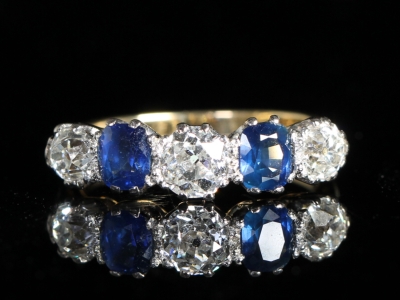  Edwardian Sapphire and Old Cut Diamond 18ct Five Stone Ring
