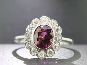 STUNNING ALMANDINE GARNET AND DIAMOND PLATINUM CLUSTER RING