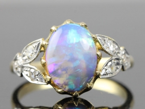 STUNNING BLACK CRYSTAL OPAL AND DIAMOND EDWARDIAN INSPIRED 18 CARAT GOLD RING 