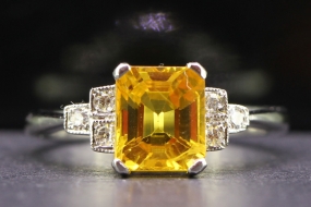 GORGEOUS YELLOW SAPPHIRE AND DIAMOND ART DECO INSPIRED PLATINUM RING