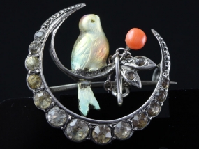   GORGEOUS VICTORIAN SILVER BIRD BROOCH CRESCENT MOON WITH PASTE STONES