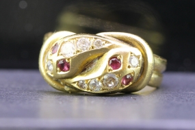 GORGEOUS DOUBLE SNAKE RUBY AND DIAMOND 18 CARAT GOLD RING