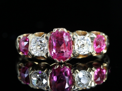 Edwardian Burmese Ruby and Diamond Five Stone 18ct Gold Ring