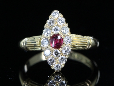 Edwardian Ruby and Diamond Navette 18ct Gold Ring