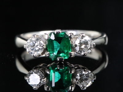 Vintage Dates 1959 Emerald and Diamond Platinum Trilogy Ring