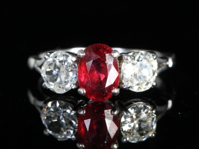 Art Deco Natural Ruby and Diamond 18ct Gold Trilogy Ring
