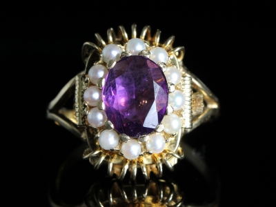 Vintage Bucherer Amethyst and Pearl Watch Ring 18ct Gold
